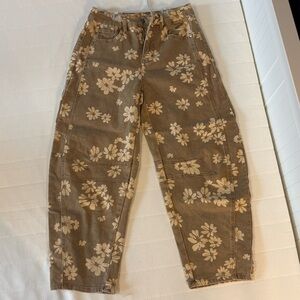 Floral Patterned Brown Pants Barrel Leg Size Small